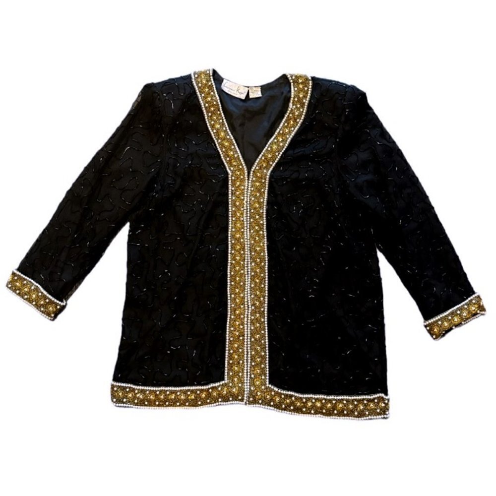 Laurence Kazar Vintage 80’s Black Gold Fully Beaded Silk Jacket Women’s Size L